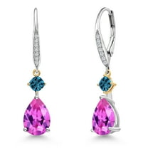 Gem Stone King 925 Silver and 10K Yellow Gold Pink Created Sapphire and London Blue Topaz and White Lab Grown Diamond Earrings for Women | 5.49 Cttw | GemstoneSeptember Birthstone | Pear Shape 10X7MM