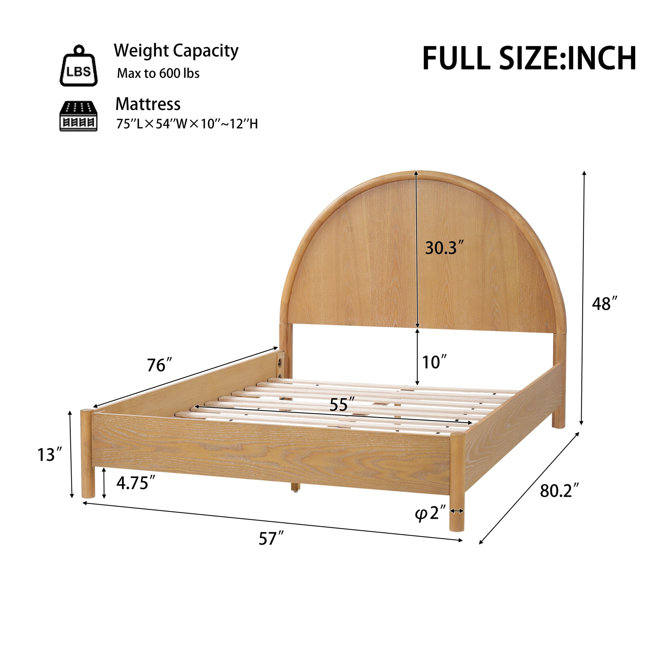 Christopher Knight Home Full Platform Bed Frame with Arched Headboard, Rubberwood, Natural