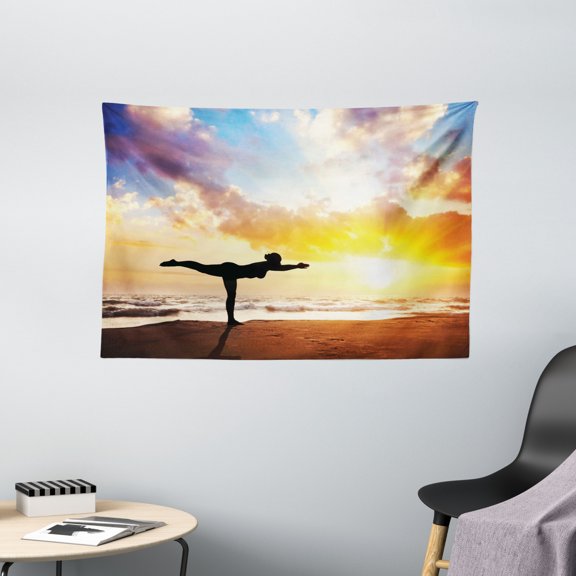 Yoga Tapestry, Warrior Pose by Woman in Silhouette with Majestic Sunset Sky Virabhadrasana Practice, Wall Hanging for Bedroom Living Room Dorm Decor, 60W X 40L Inches, Multicolor, by Ambesonne