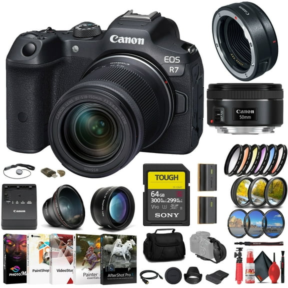 Canon EOS R7 Mirrorless Camera with 18-150mm Lens 5137C009 Canon EF 50mm Lens 0570C002 Canon Mount Adapter Sony 64GB TOUGH SD Card Filter Kit Wide Angle Lens Telephoto Lens International Model