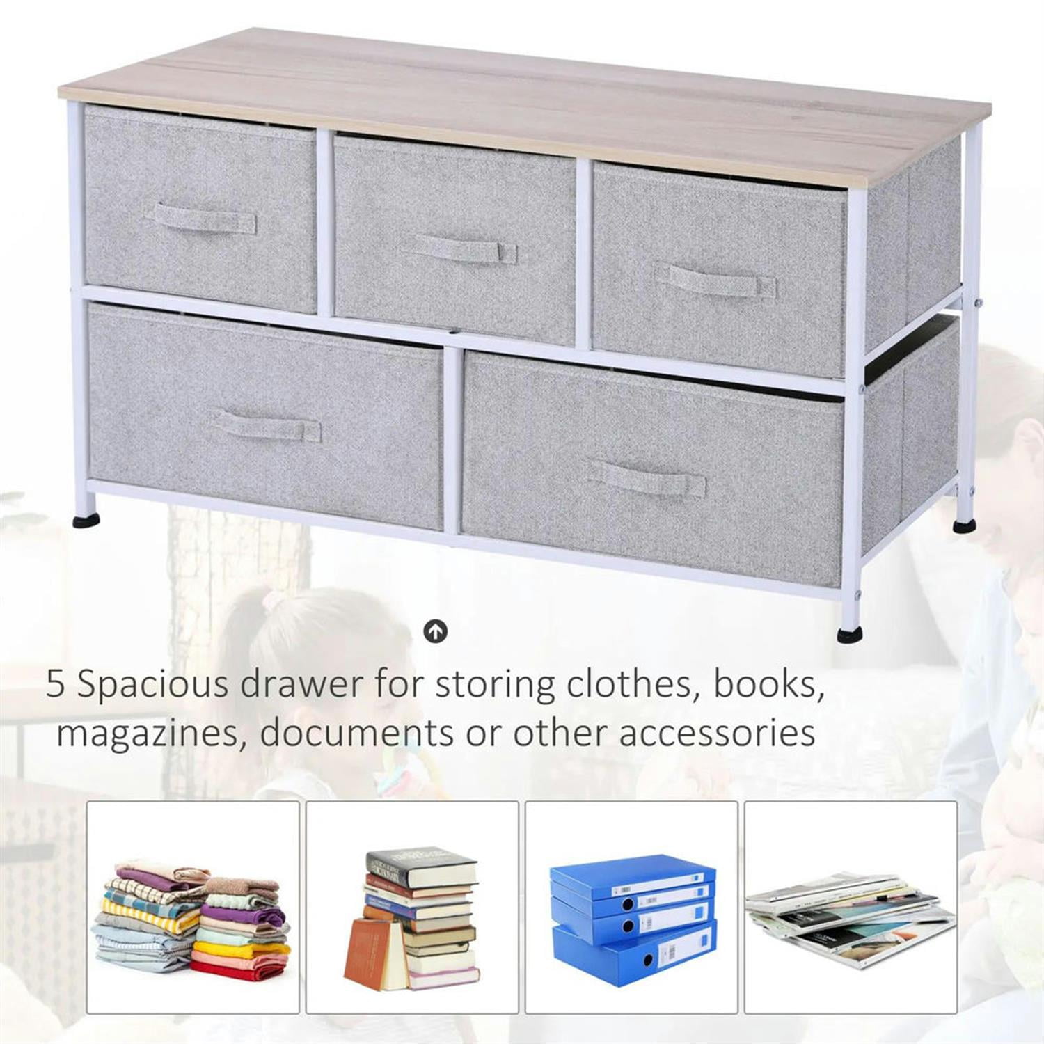Demi Bonn 5-Drawer Dresser, Fabric Storage Tower for Bedroom, Hallway, Entryway, Closet, Steel Frame, Wood Top, Easy Pull Handle, Gray