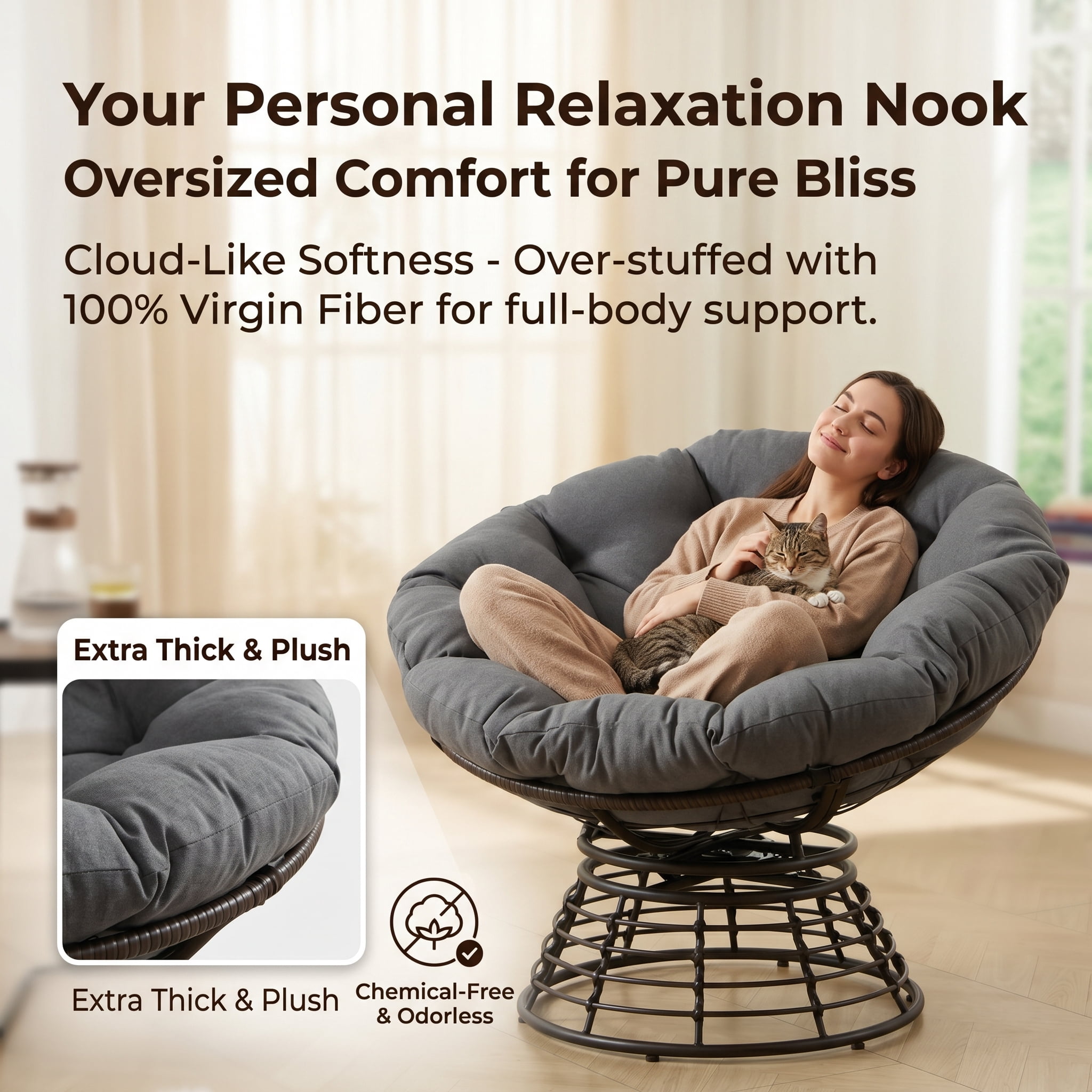 360° Swivel Wicker Papasan Chair with Ergonomic Over-Stuffed Cushion, Modern Rattan Saucer Chair for Living Room & Bedroom