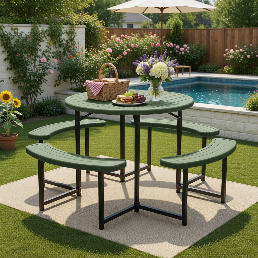 Hommoo Round Outdoor Picnic Table Set with 4 Benches, Umbrella Hole, Heavy-Duty Metal Frame & HDPE Top, White