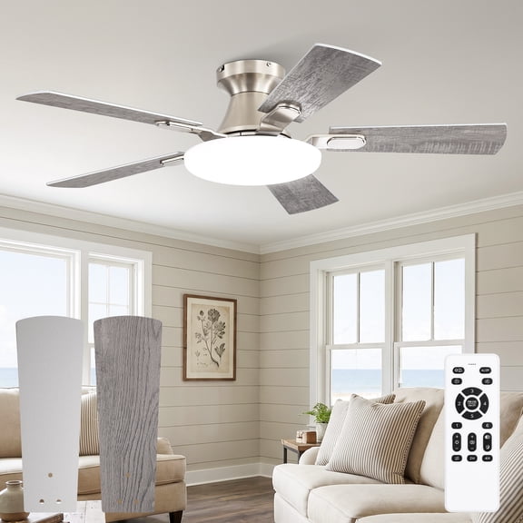 Lokivas 42in Modern Ceiling Fans with Lights and Remote, Low Profile Ceiling Fan with Reversible 6 Speed for Living Room, Bedroom, Nickel