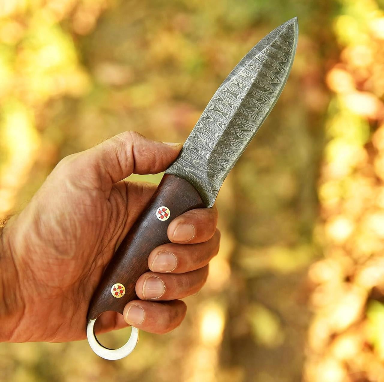 Damascus Steel Hunting Knife with Wooden handle, Fixed Blade Knife with Leather Sheath, Outdoor Camping Survival Knife