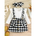 thumbnail image 2 of Bagilaanoe 3Pcs Toddler Baby Girls Overalls Dress Set Ribbed Long Sleeve Ruffled Romper Tops + Plaid Suspender Skirt + Headband 6M 12M 18M 24M 3T 4T Kids Casual Outfits, 2 of 9