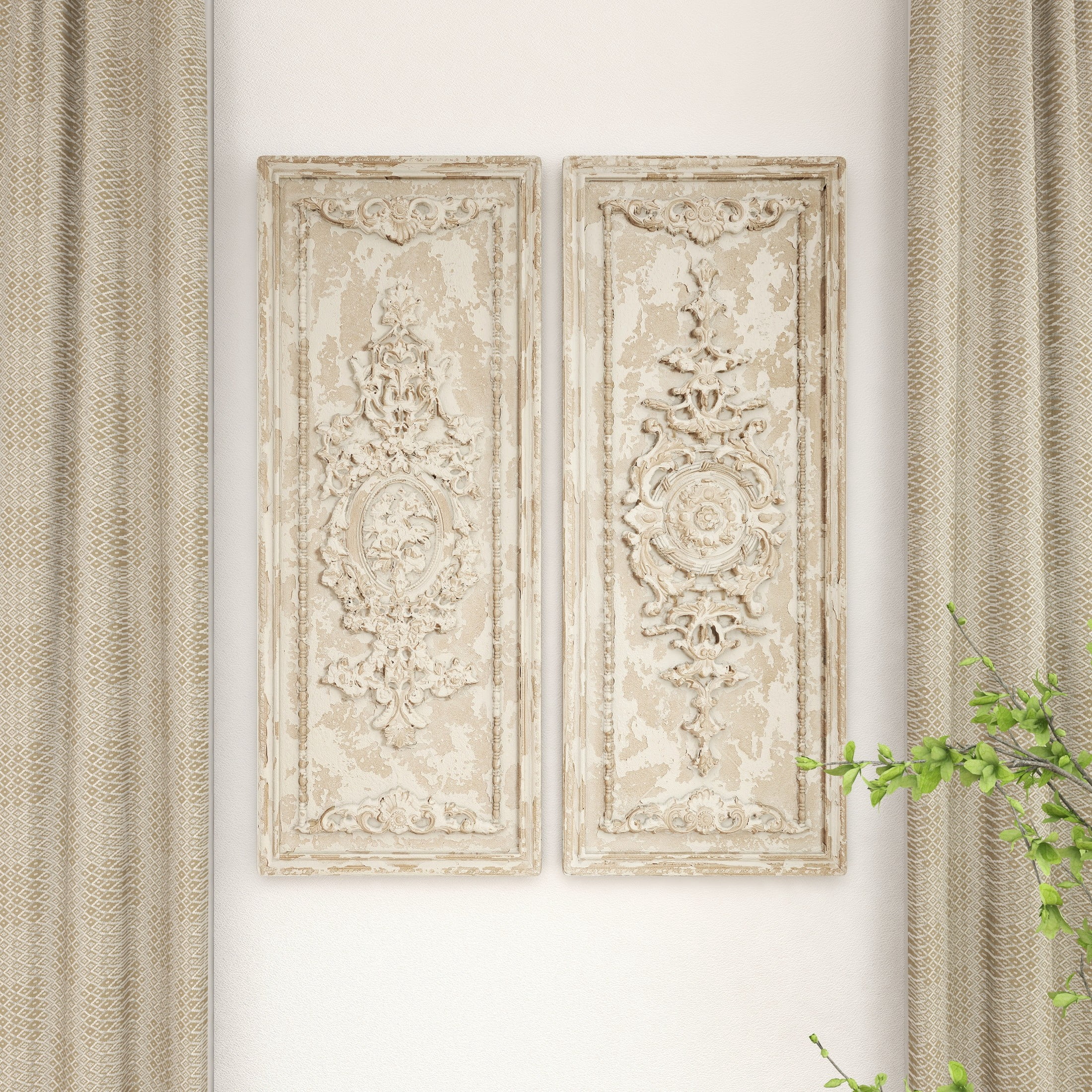 DecMode Beige Fiberclay Ceramic Handmade Carved Arabesque Geometric Wall Decor (2 Count)
