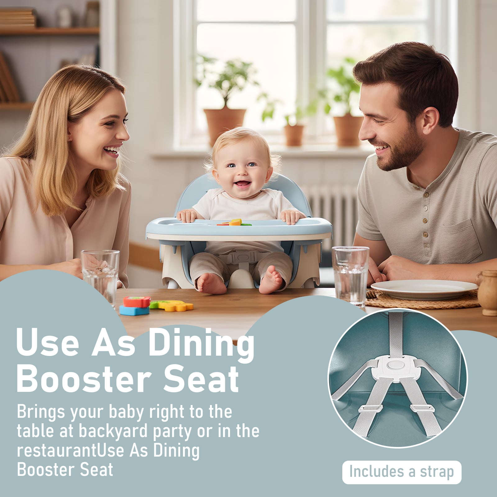 ManyFun-4-in-1 Baby High Chair Portable Toddler Baby Dining Chairs-Dining Booster Seat for Eating-Dinner Plate and Toy Rack,Light Blue