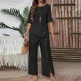 thumbnail image 3 of Women's 2 Piece Outfit, Asymmetric Hem Short Sleeve Top and High Waist Wide Leg Pants Set, Casual Matching Sets, Summer Outfits for Women, Vacation and Travel Outfit​-Black, 3 of 10