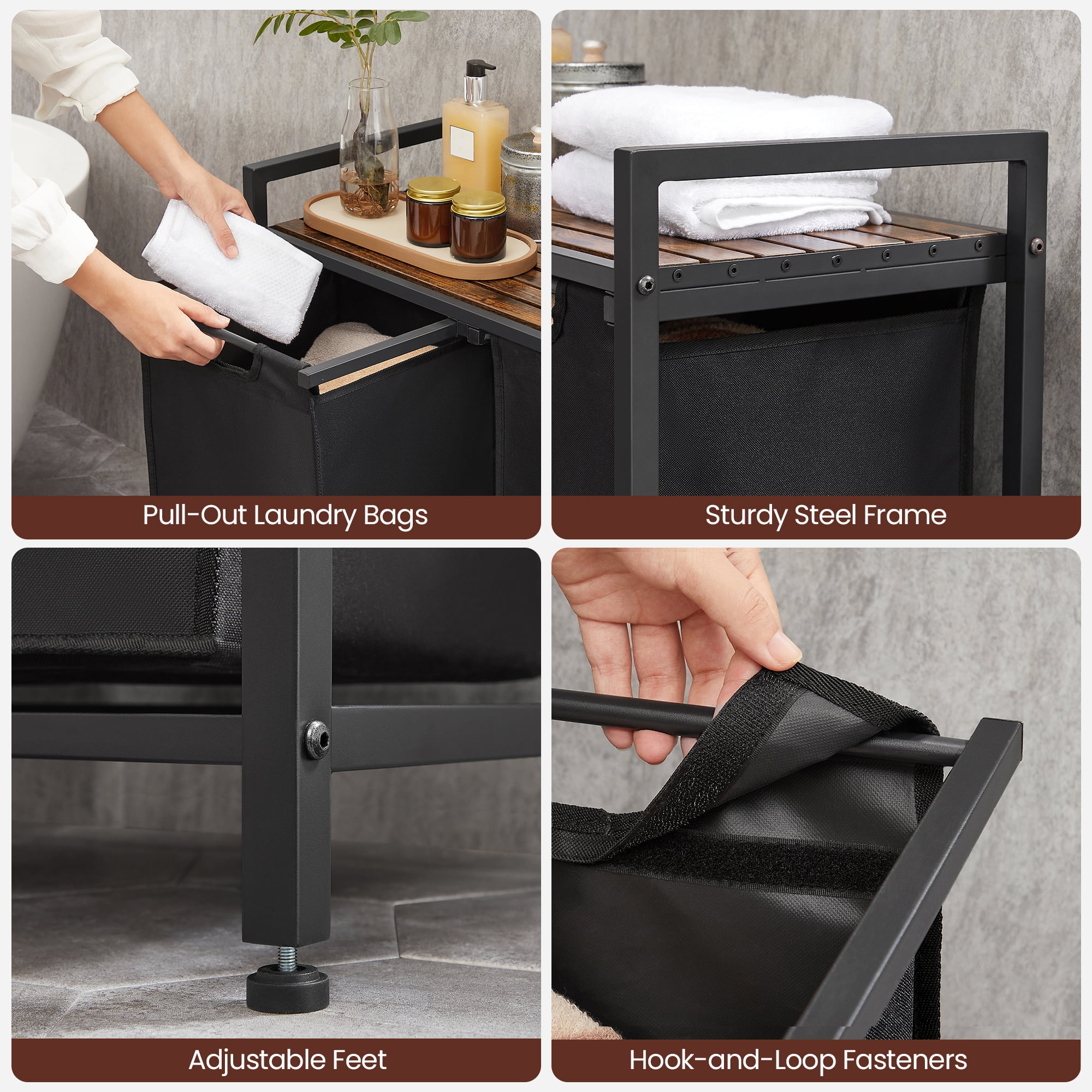 Laundry Hamper Organizer Laundry Basket Laundry Sorter with 2 Pull-Out and Removable Bags, Metal Frame, 2 x 12.1 Gallons, 28.8 x 13 x 28.4 Inches