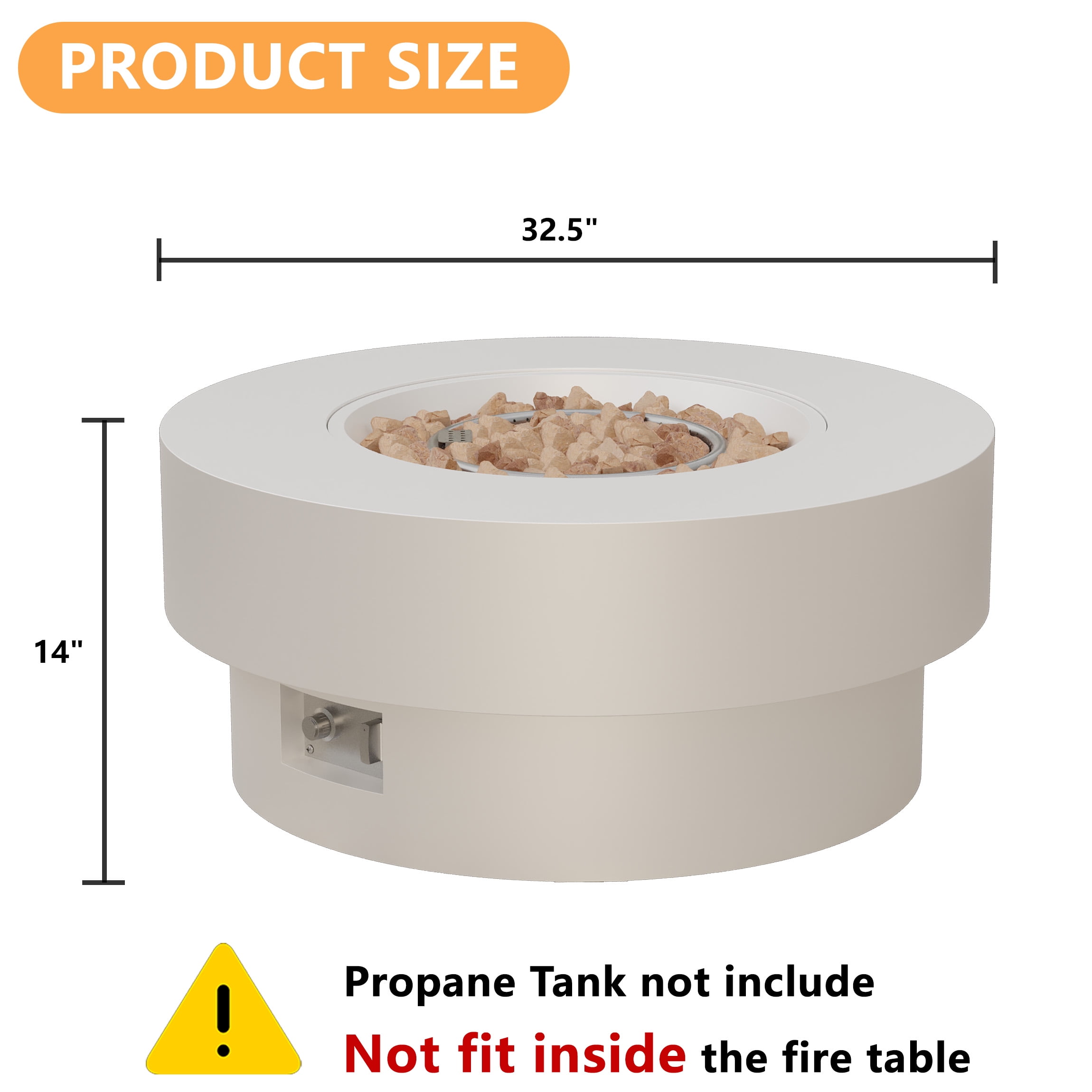 Wakeyard 32.5 inch Round Propane Fire Pit Table, 50000 BTU, Includes Lava Rock,White