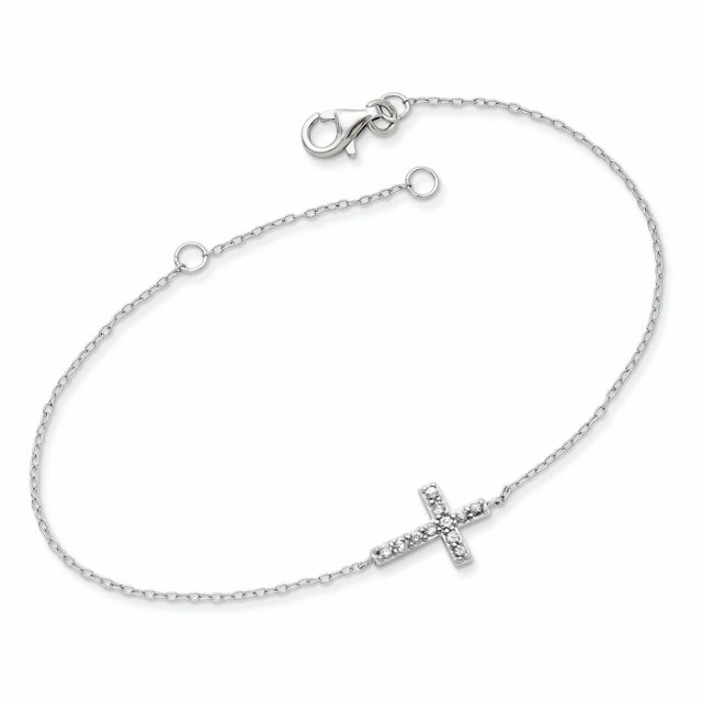 925 Sterling Silver with Cubic Zirconia Sideways Cross with 1inch Extender Bracelet
