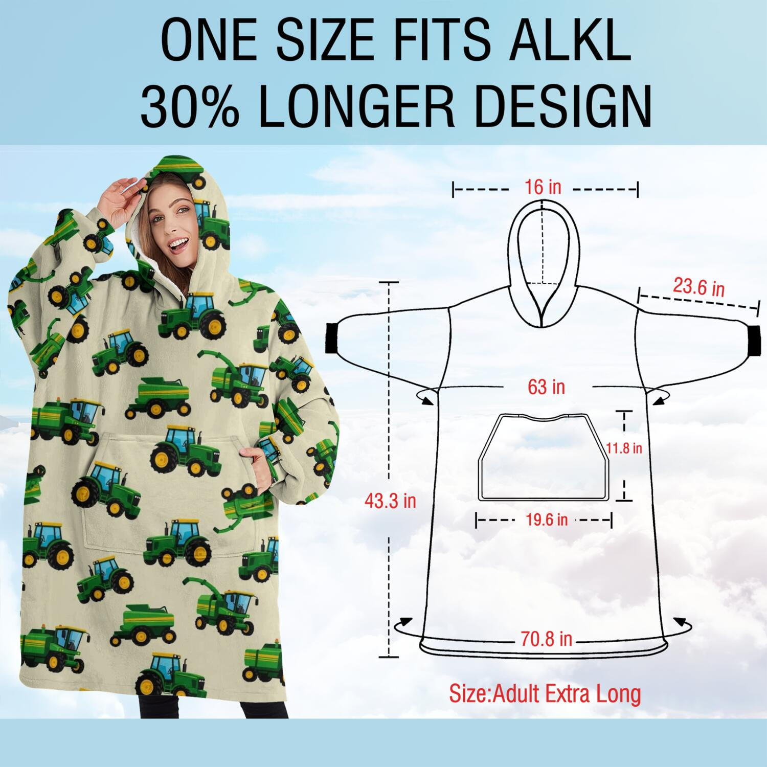 Oversized Wearable Blanket Hoodie,Cartoon Tractors Combines Beige Pattern Sherpa Blanket Hoodie with Super Pockets,Super Warm Fuzzy Pullover for Women & Men