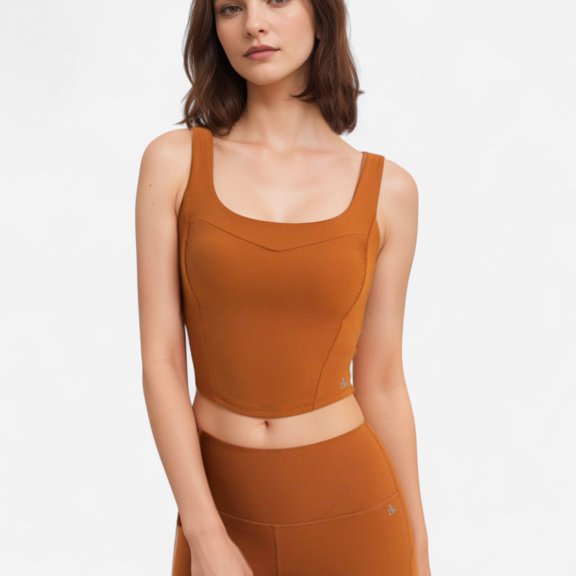 Women's Square Neck Active Crop Tank Top with Contour Seams Wide Straps and Sculpting Stretch Performance Fabric - Orange, Large