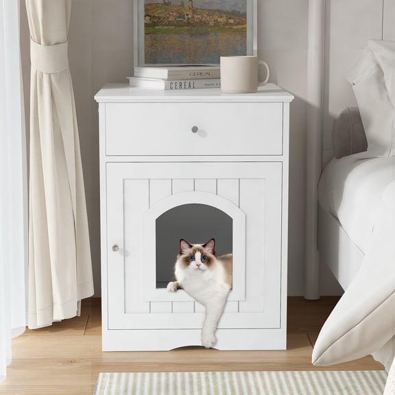 Jopath Wooden Pet House, Cat Litter Box Enclosure Indoor Pet Crate Cat Home Nightstand Side Table with Drawer for Bedroom Living Room (White)