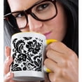 thumbnail image 2 of 3drose, White Damask with Black Large Print Stylish Flowery Swirls - Modern Contemporary Leaves and Flowers, 15oz Two-tone Yellow Mug, 2 of 6