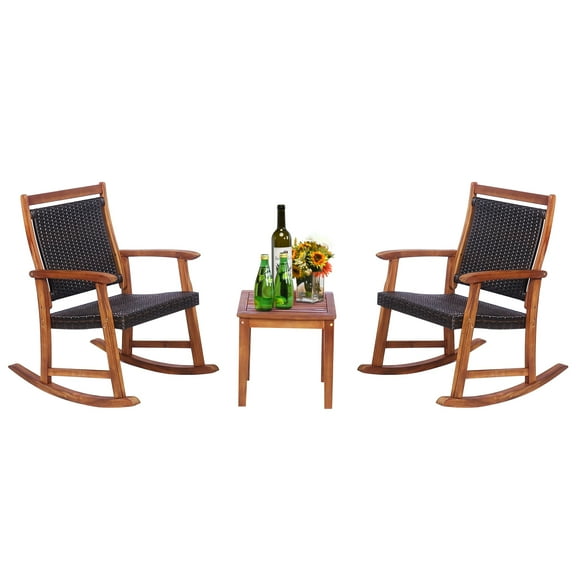 BLACK JAGUAR 3 PCS Patio Rattan Bistro Set Outdoor Rocking Chairs & Table Set Rustic Brown