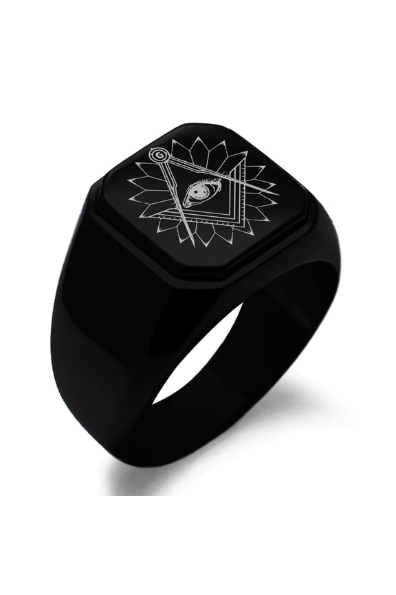 Stainless Steel Freemasons Masonic Lotus All Seeing Eye Engraved Square Flat Top Biker Style Polished Signet Ring