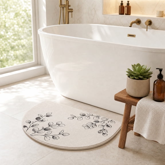50 x 80 cm Semi-Round Faux Diatomite Bath Mat, D-Shaped Botanical Floor Mat with Flat Edge, Neutral Leaf Pattern Bathroom Rug for Bathtub, Shower Exit, Sink, Vanity and Doorway