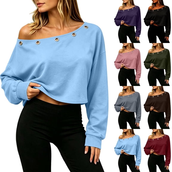 Women's Off Shoulder Crop Top Grommet Detail Long Sleeve Casual Pullover Sweatshirt