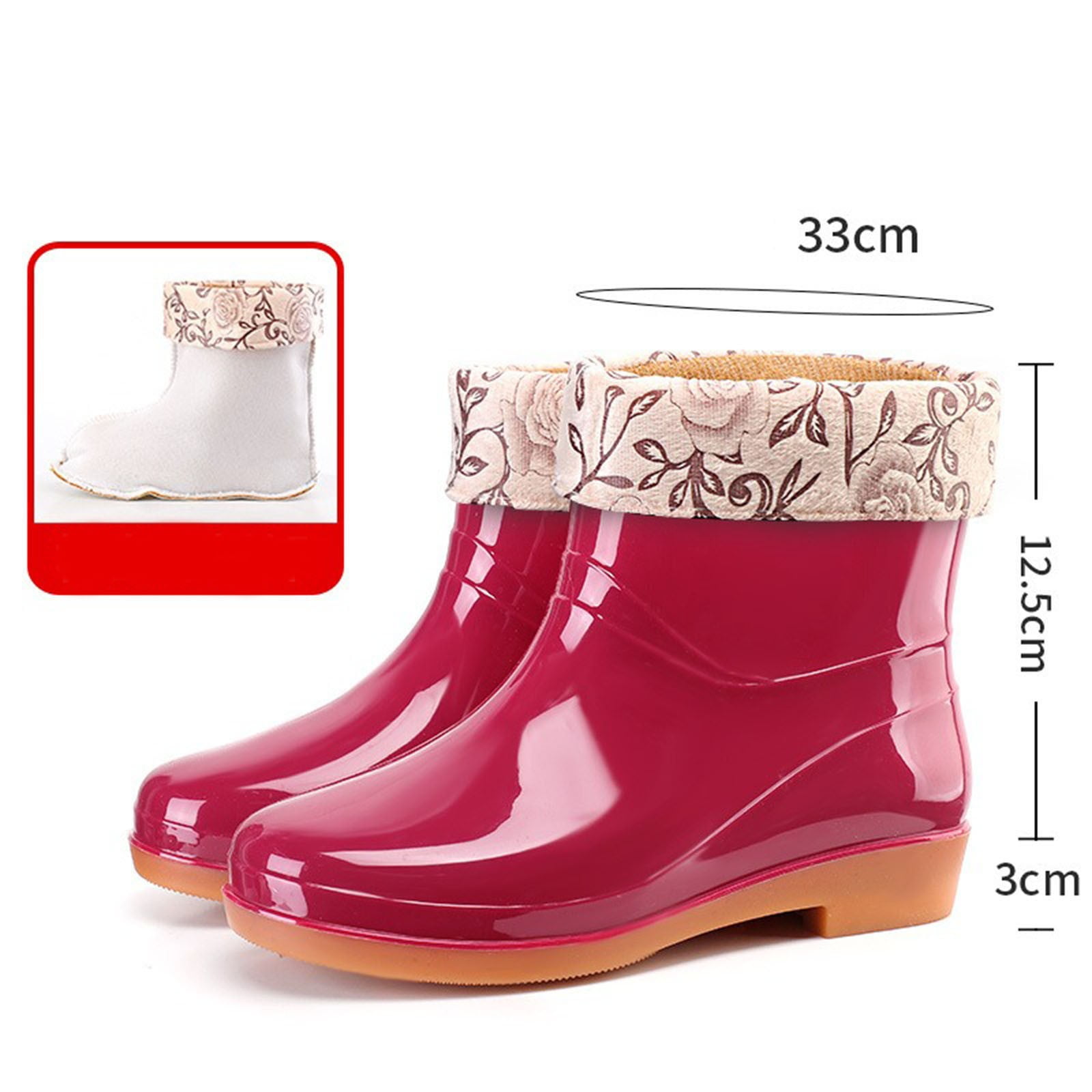 Winter Short Rain Boots for Women with Lined Floral Waterproof Rubber Outdoor Garden Ankle Booties Shoes