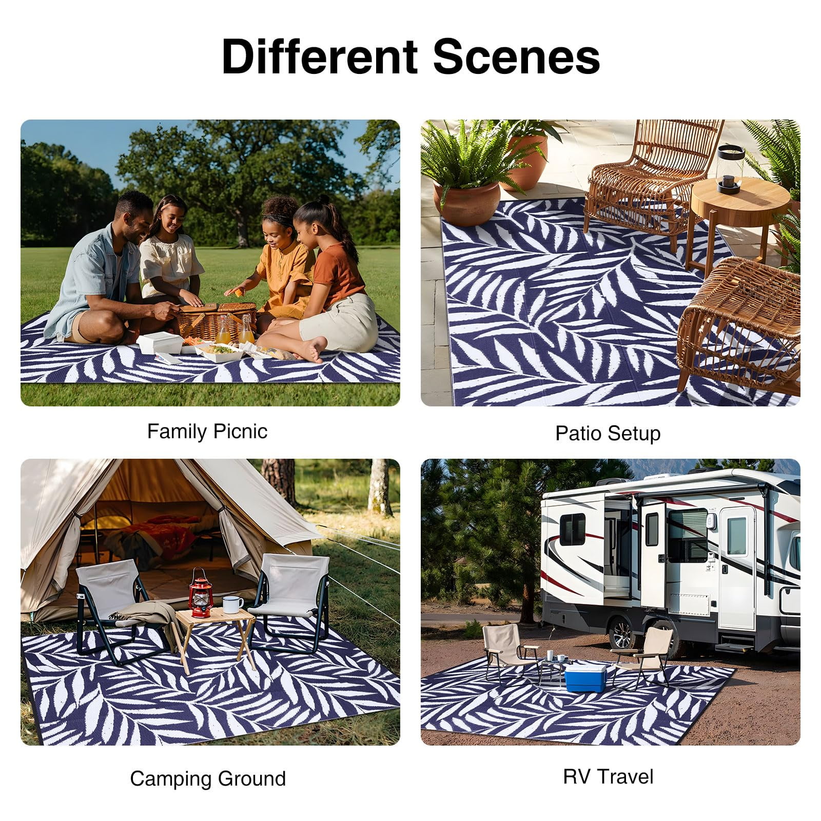 Smiry Outdoor Rugs 5x8, Waterproof Plastic Straw Indoor Outdoor Mat for Patio, RV Camping, Deck,Porch, Navy & White