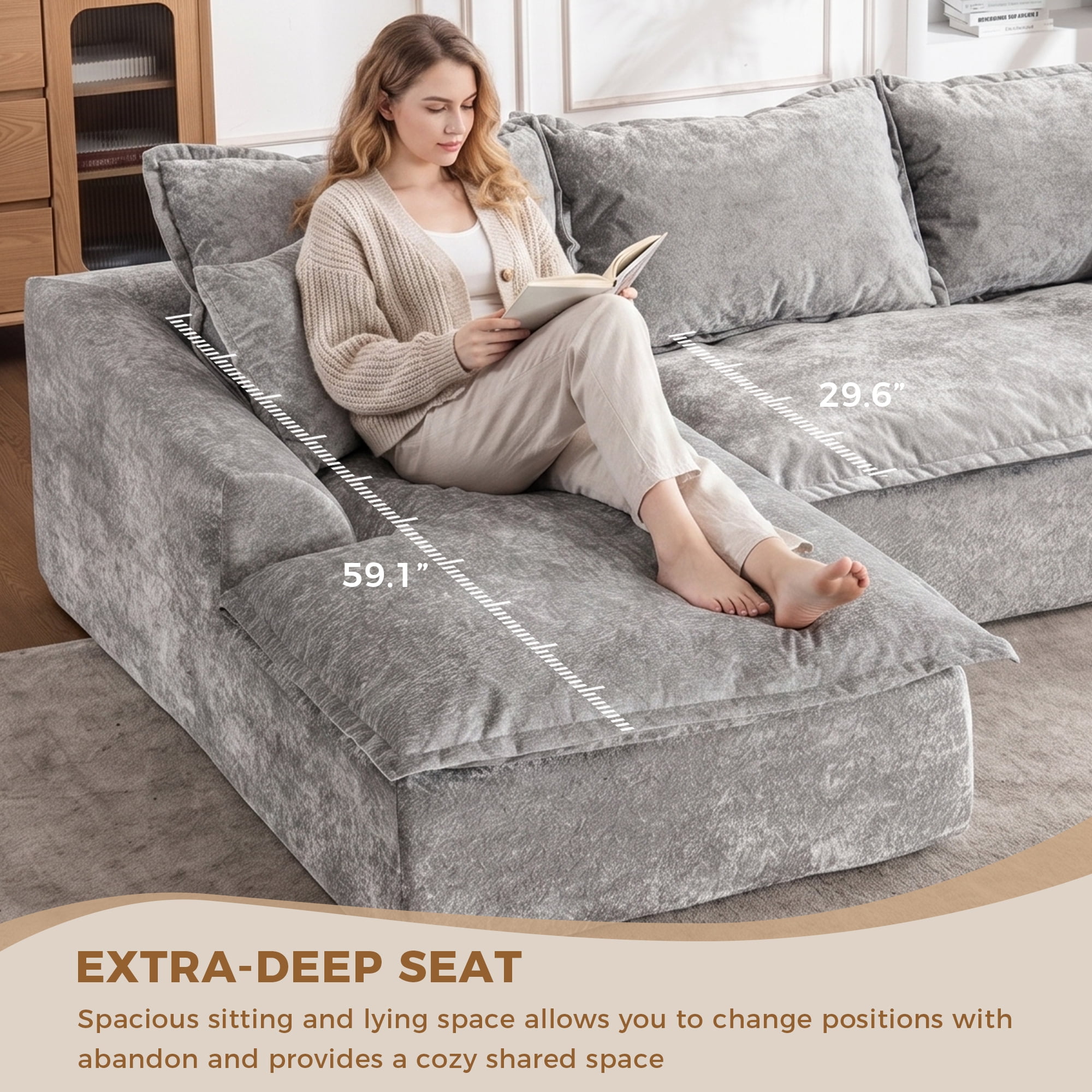 LEHZROAJ 103" Chenille Compressed Sofa,L Shaped Sectional Couch Pillows No Assembly Required for Living Room(Gray,Left)