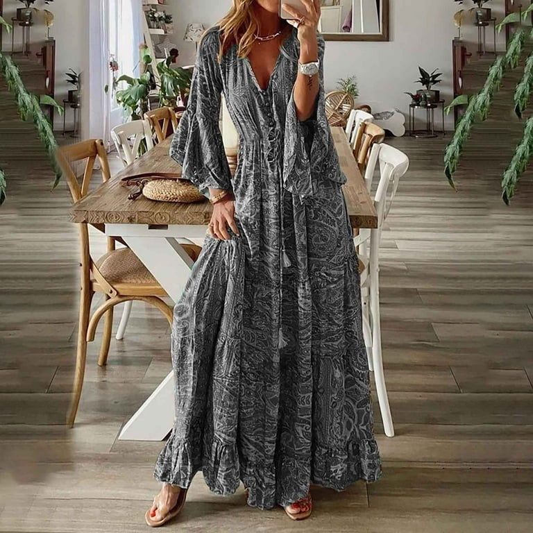 Feancey Womens Plus Size Boho Maxi Dresses Deep V Neck 3 4 Sleeve Swing Dress 2024 Casual High Waist Floral Long Dresses Summer Flowy Ruffle Vacation Dress Gray XL Walmart