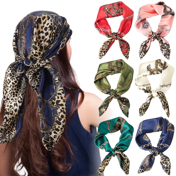 Bocaoying 6 Pcs Leopard Chain Print Headscarf Set, Silky Soft Square Scarf, Versatile Fashion Elegant Wrap 35x35 Inches for Women Daily Wear or Special Occasions