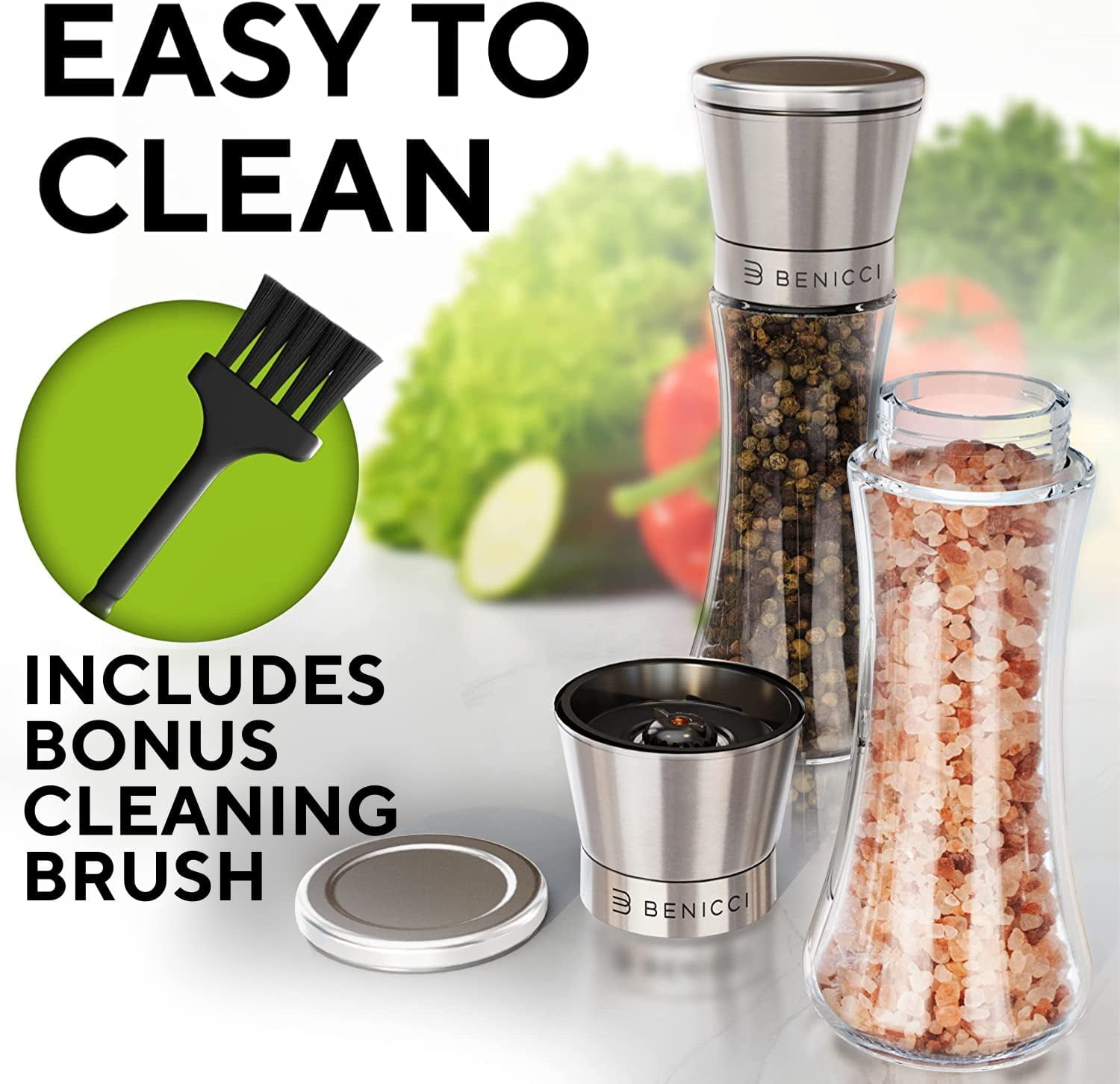Premium Salt and Pepper Grinder Set of 2 - Two Refillable Stainless Steel Sea Salt & Spice Shakers with Adjustable Coarse Mills - Easy Clean Ceramic Grinders w/BONUS Silicone Funnel & Cleaning Brush