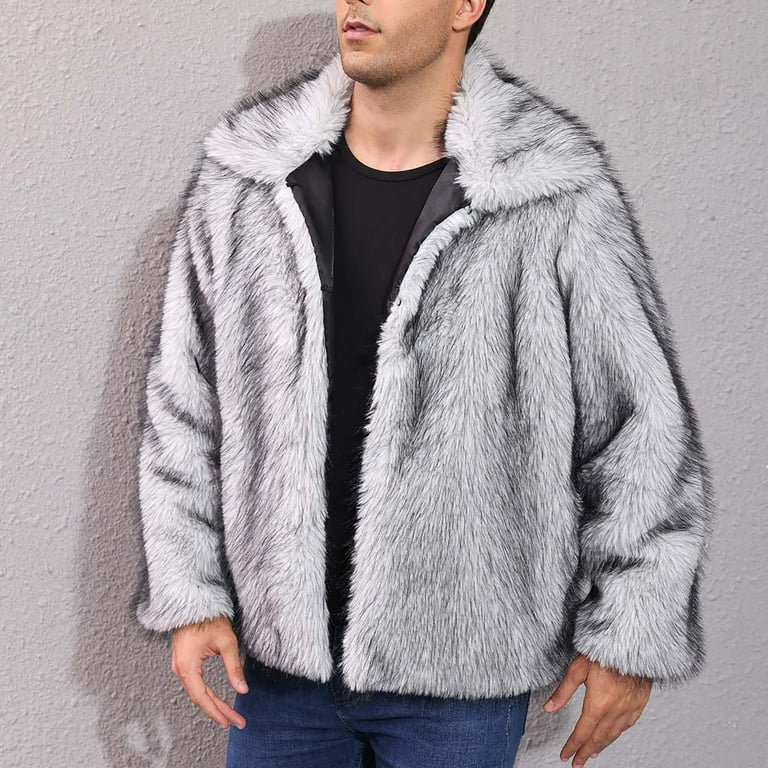 safuny Men's Faux Fur Coat Plush Warm Winter Furry Jacket