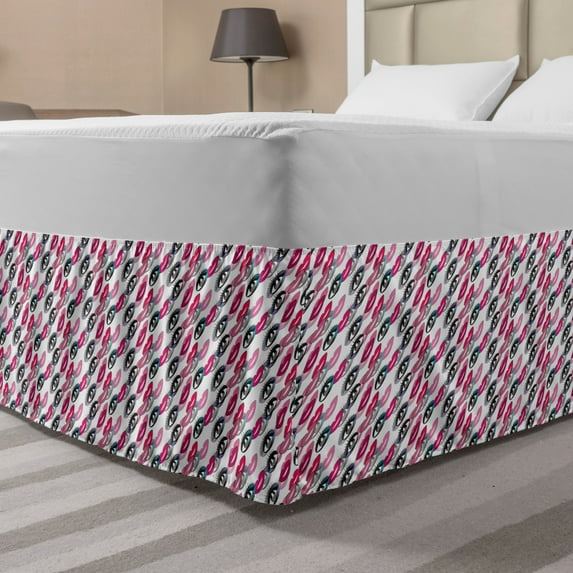 Feminine Bed Skirt, Woman Eyes and Lips Cosmetics Fashion Beauty Theme Pop Retro Design, Elastic Bedskirt Dust Ruffle Wrap Around for Bedding Decor, 4 Sizes, Magenta and Multicolor, by Ambesonne