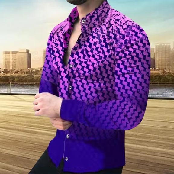 Tejiojio Men's and Big Men's Classic Tops Men's Long Sleeve Gradient Slim Geometric Graphic Printed Casual Shirt