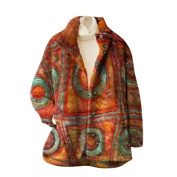 Essentials Women's Jacket Oversize Vintage Print Fleece Fuzzy Lapel Button Down With Pocket Warm Padded Outwears Jackets