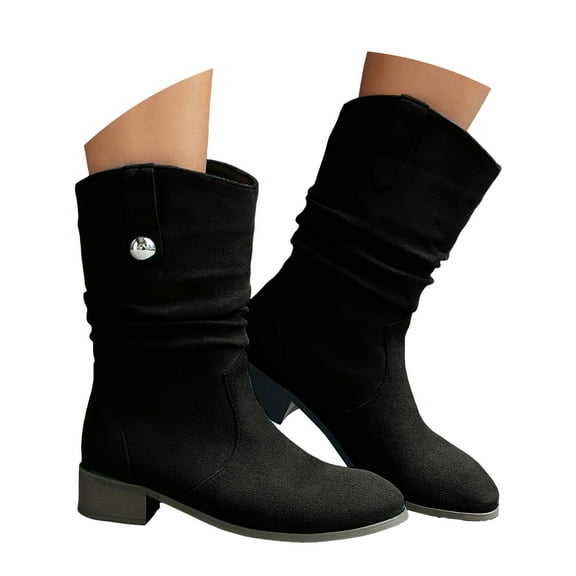 YLYL Women Mid Calf Boots Wide Calf Vintage Suede Classic Round Toe Low Block Heel Slip on Boots