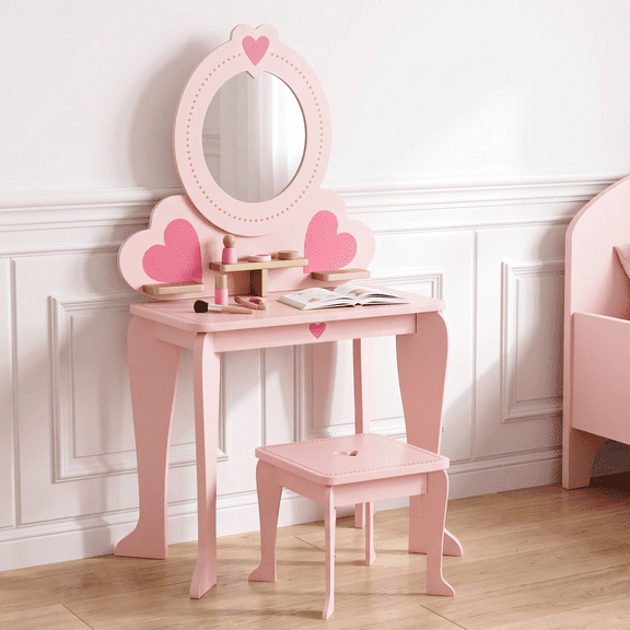 Arlopu Kids Vanity Table and Stool Set with 8pcs Pretend Play Accessories & Mirror, Princess Convertible Makeup Dressing Table for Girls, Pink