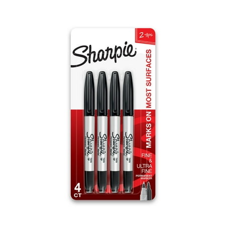 Sharpie Twin Tip Permanent Markers, Fine and Ultra Fine, Black, 4 Count