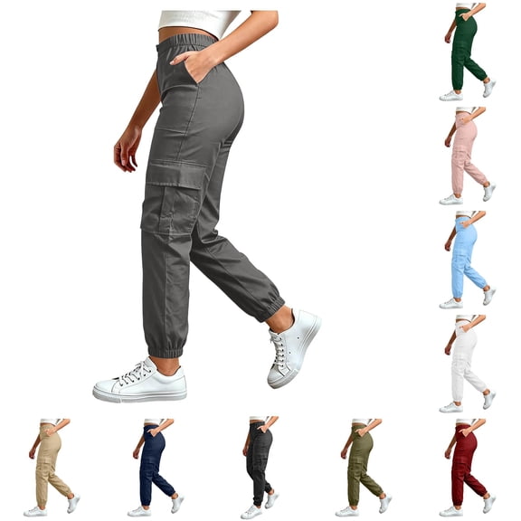LIIPEE Womens Cargo Pants Casual Solid Color Elastic Waist Loose Tapered Leg Pants With Pockets Ladies Breathable Everyday Trousers,S