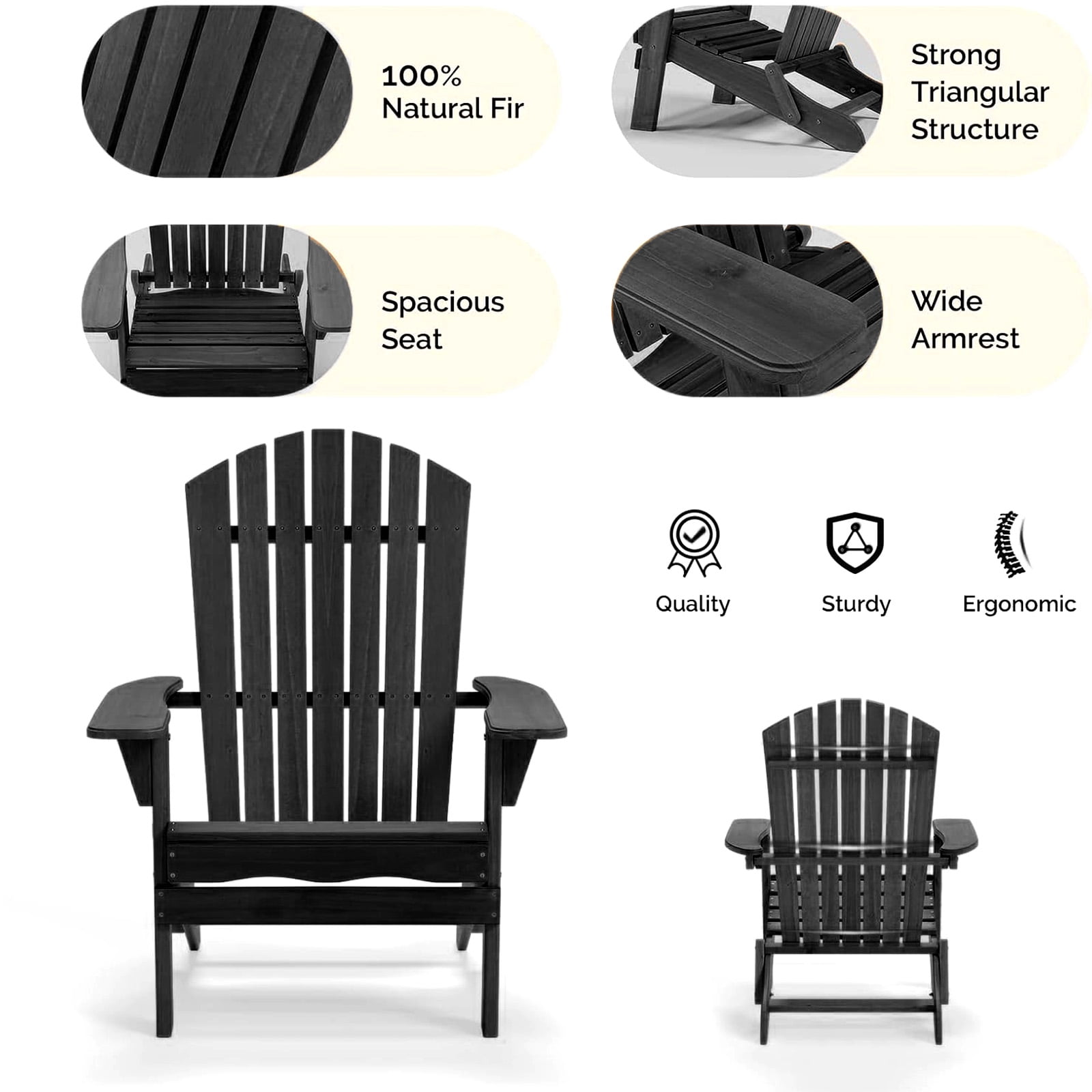 Ktaxon 1 Pack Patio Wood Adirondack Chair, Garden Chaise Chair Outdoor Folding Chair, Wooden Chair for Patio, Garden, Black