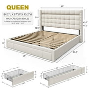 EnHomee Queen Size LED Bed Frame with 3 Storage Drawers Queen Platform Bed Frame Upholstered Bed Frame for Bedroom Beige