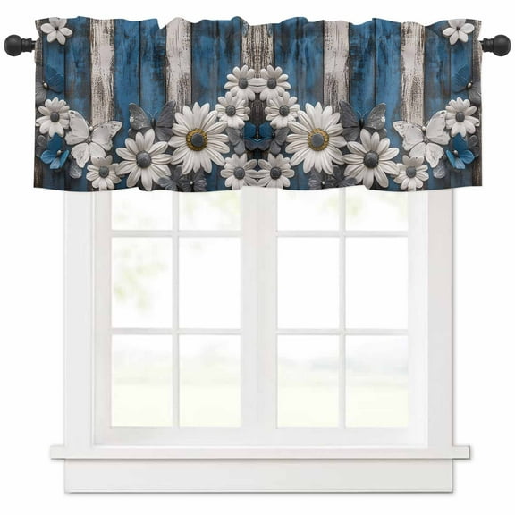 Blue White Daisy Valances for Windows Farmhouse Kitchen Curtains Valances Rod Pocket Valance Curtains for Kitchen Windows Vintage Farmhouse Butterfly Floral Wood Window Valances for Bathroom 42"x18"
