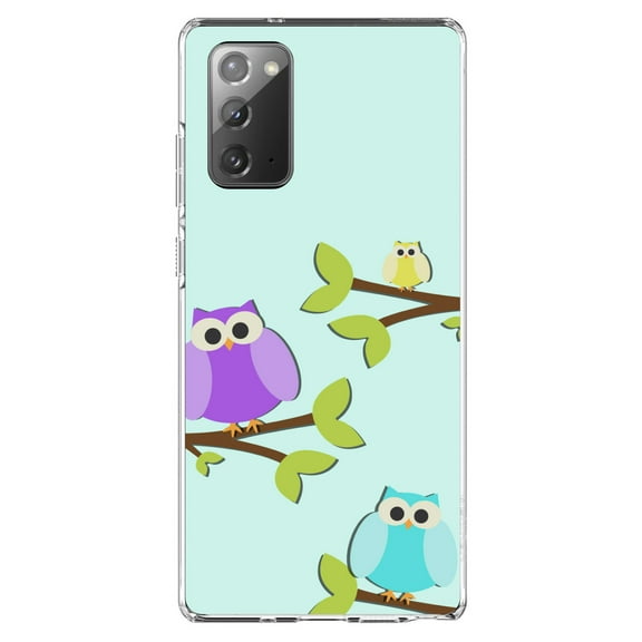 DistinctInk Clear Shockproof Hybrid Case for Galaxy Note 20 ULTRA (6.9" Screen) - TPU Bumper, Acrylic Back, Tempered Glass Screen Protector - Blue Purple Yellow Owls - Cartoon Owls