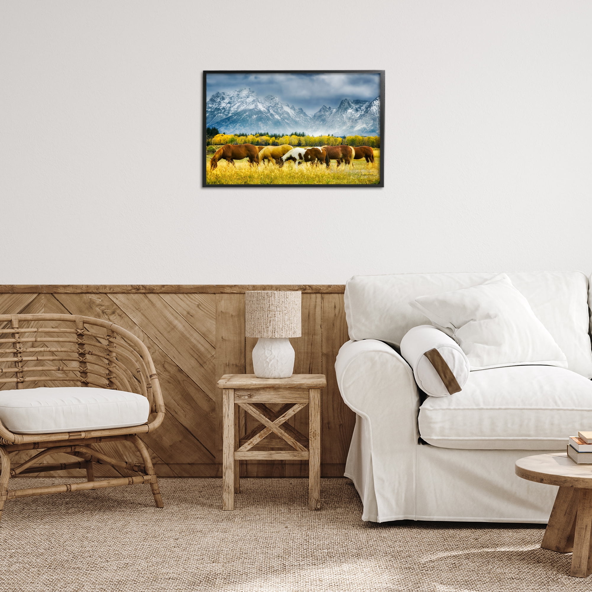 Stupell Industries Horses in Wilderness Landscape Painting Black Framed Art Print Wall Art, 24 x 16