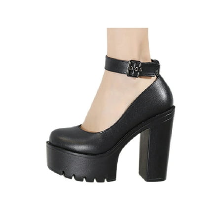 

Rotosw Women Pumps Ankle Strap Dress Shoes Chunky Platform High Heels Lightweight Buckle Pump Party Wear Resistant Heeled Shoe Faux Leather Black 6