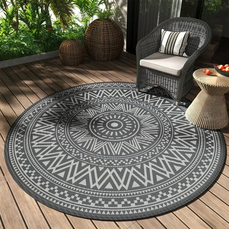 SIXHOME Outdoor Rug 8 x8  Waterproof Reversible Patio Rug Plastic Straw Lightweight Indoor Outdoor Rug for RV Camping Deck Balcony Boho Porch Decor Black and White Round