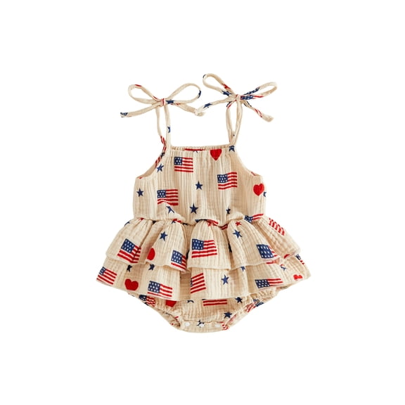 BemeyourBBs Newborn Baby Girl 4th of July Outfit Patriotic Romper Dress Independent Day Clothes Cotton Linen Fourth of July Heart American Flag Print Sleeveless Strap Tie-up Ruffle Bodysuit Dress