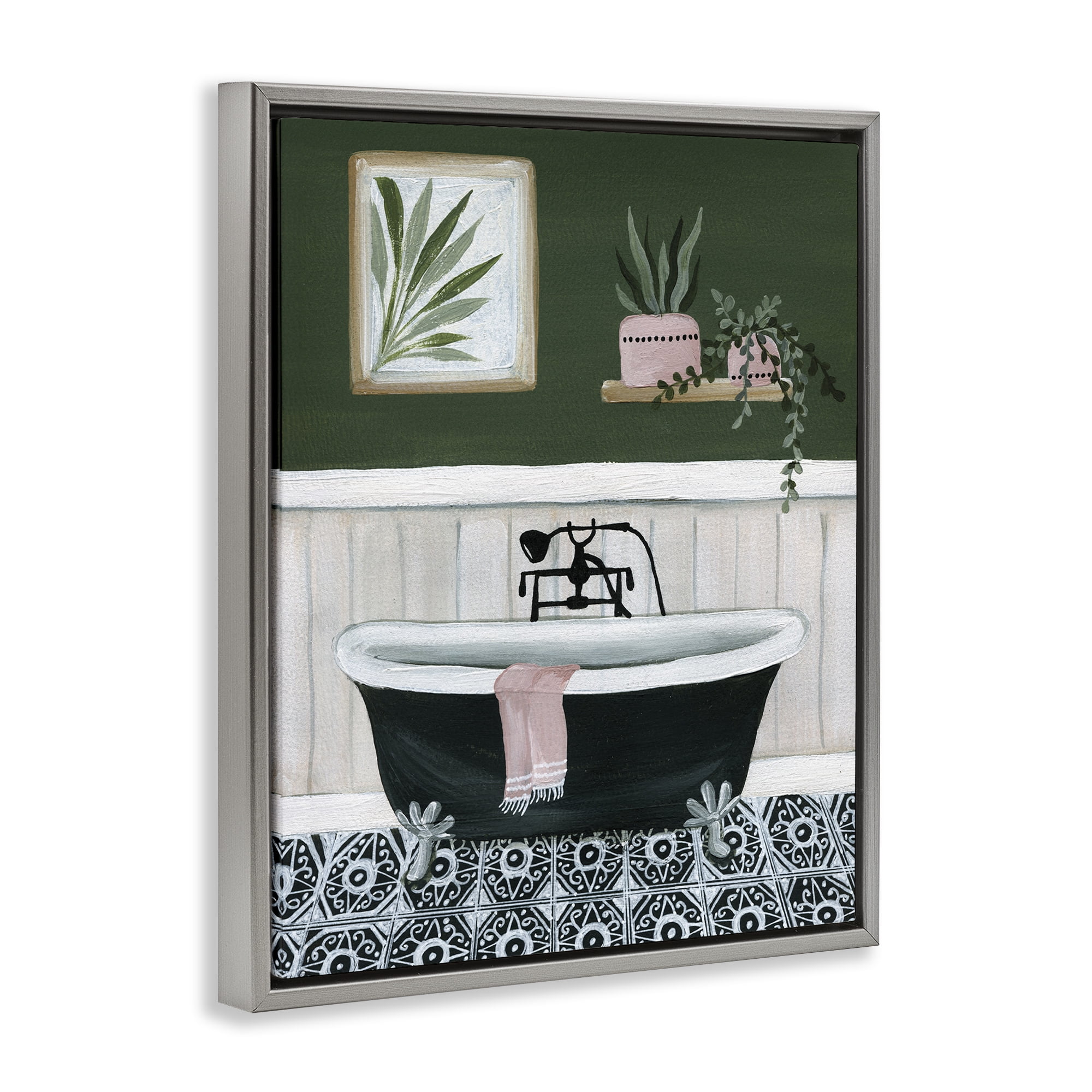 Stupell Industries Green Bathroom Scene Typography Painting Gray Floater Framed Canvas Art Print Wall Art, 17 x 21
