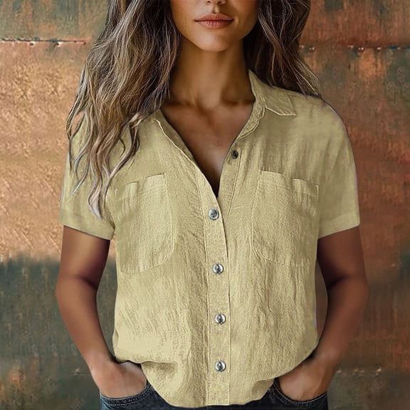 Bovemsi Women Cotton Shirt Printed Fashion Down Shirts Casual Tops Short Sleeve Blouse, Beige Women's Summer Shirts, S