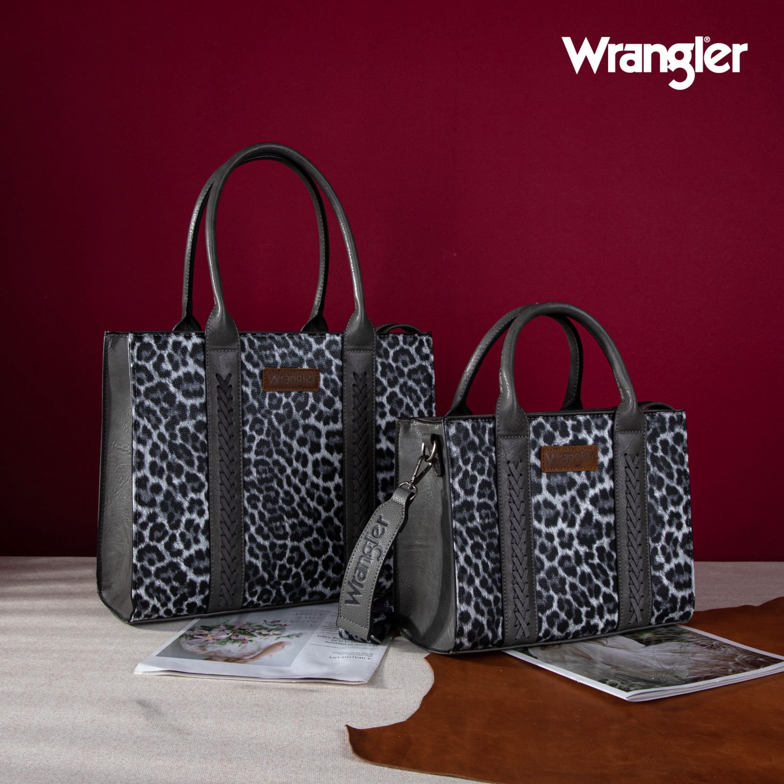Wrangler Medium Tote Bag for Women Designer Satchel Handbags Top-handle Purses with Strap, Leopard-Light Grey