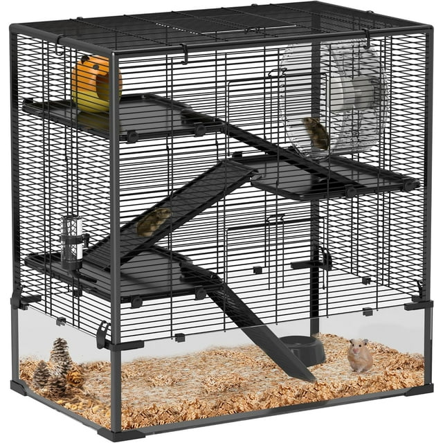 CHENZM Large Hamster Cage with 9" Deep Tempered Glass Bottom, 4 Tiers Hamster Tank with Running Wheel, Hut, Water Bottle, Dish, Rat Cage for Syrian, Dwarf, Gerbils, Mouse, 31" x 19" x 31.5", Black